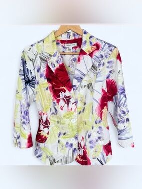 Coldwater Creek Bright Watercolor Floral Cotton Blazer Jacket Petite Large